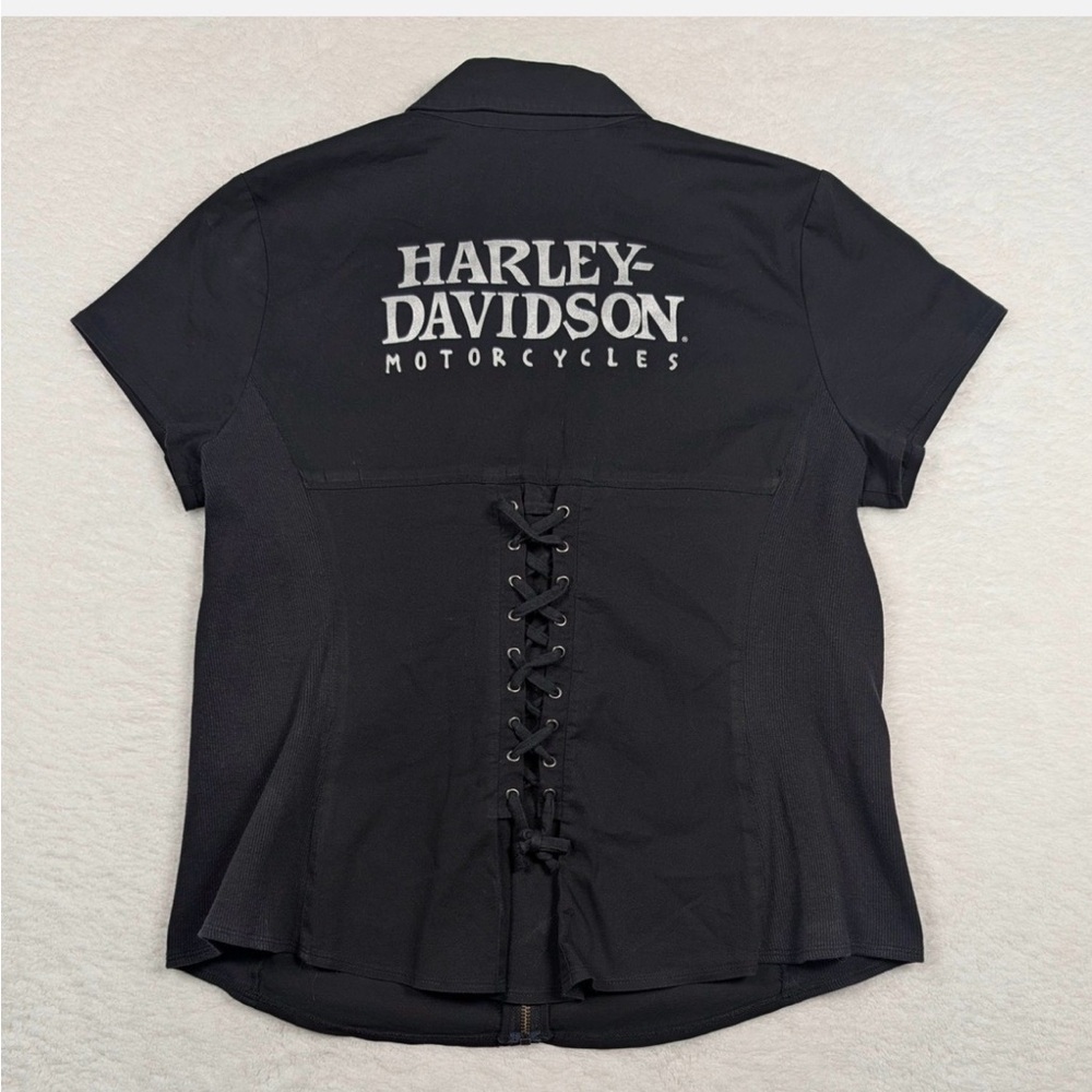 Harley-Davidson Black Short Sleeve Button Shirt with Back Lace-Up
